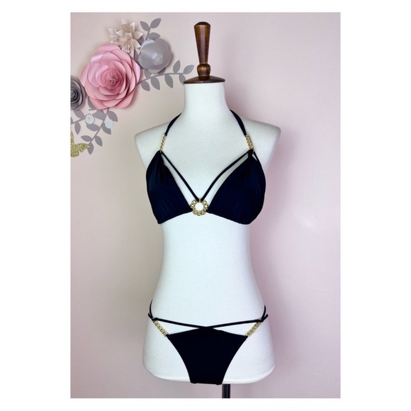 New! AGENT PROVOCATEUR Cee-Cee Bikini & Top Chain Embellished Swimsuit in Black - Picture 9 of 13